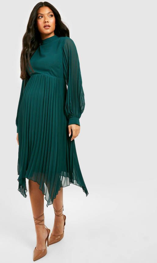 boohoo Zwangerschap Geplooide Midi Skater Jurk Met Hoge Hals, Dark Green