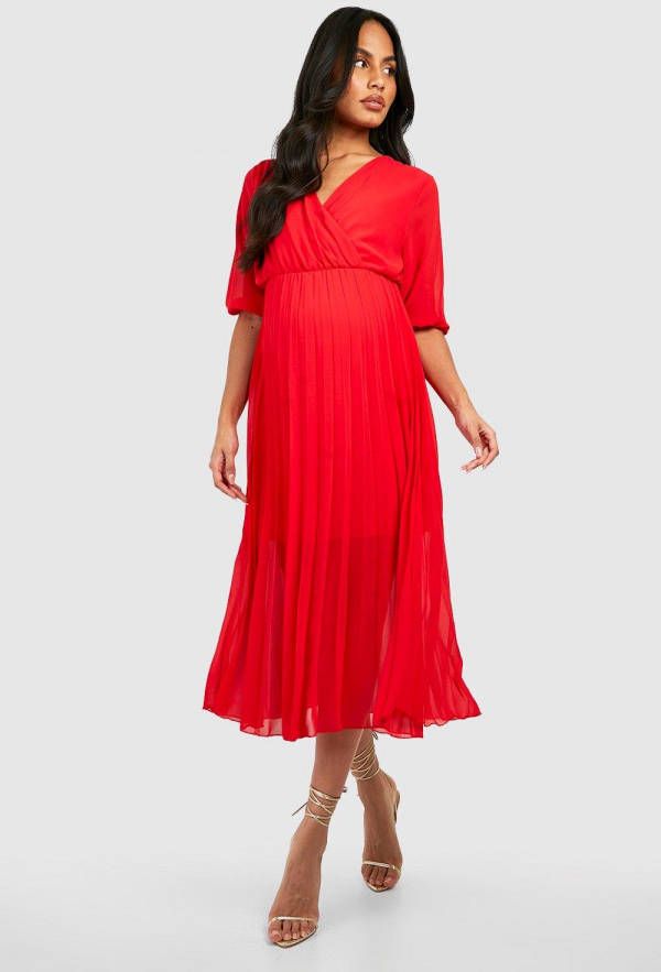 boohoo Zwangerschap Geplooide Midi Wikkel Jurk, Red