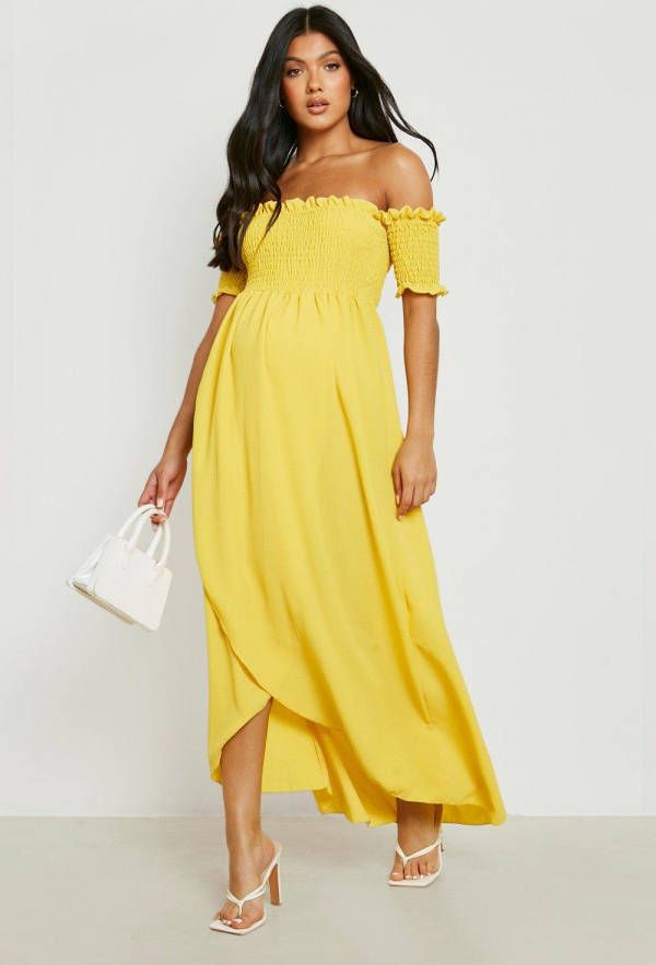 boohoo Zwangerschap Geplooide Off Shoulder Maxi Jurk, Mustard