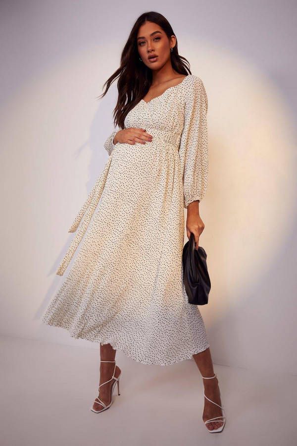 boohoo Zwangerschap Geplooide Skater Jurk Met Stippen En Uitgesneden Hals, White