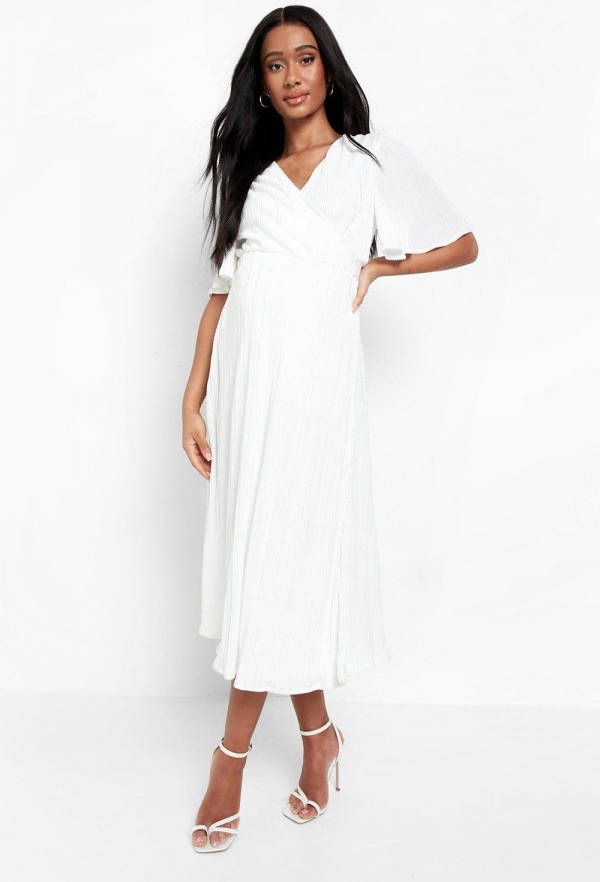 boohoo Zwangerschap Geplooide Skater Midi Wikkeljurk, Ivory