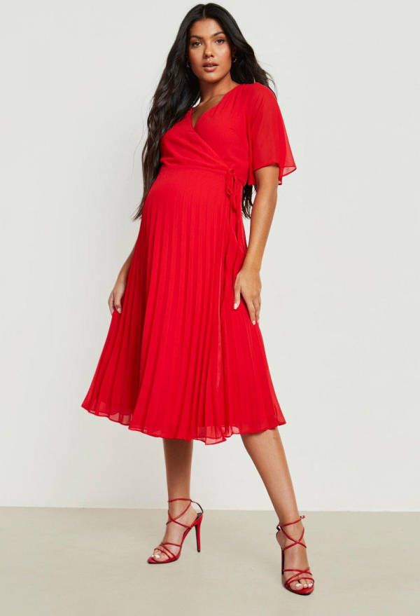 boohoo Zwangerschap Geplooide Skater Midi Wikkeljurk, Red
