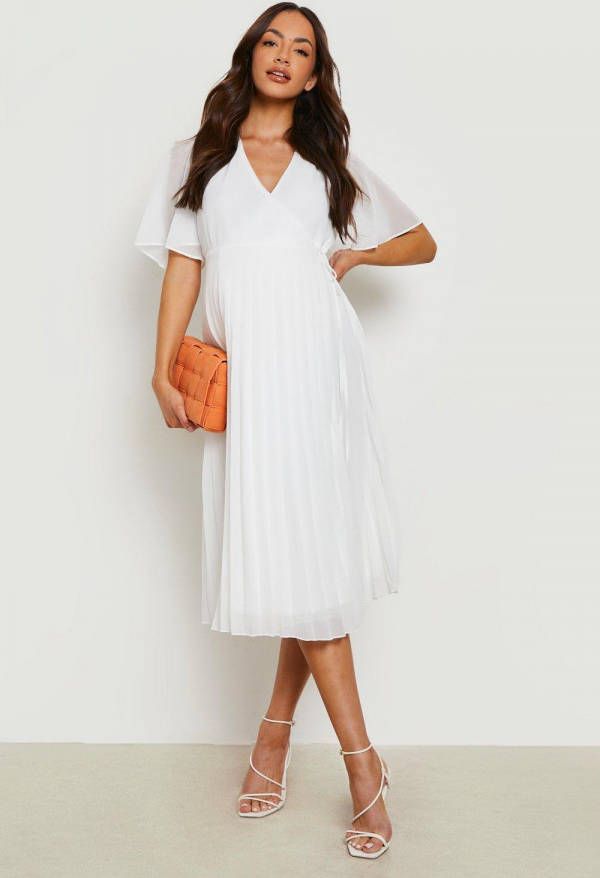 boohoo Zwangerschap Geplooide Skater Midi Wikkeljurk, White