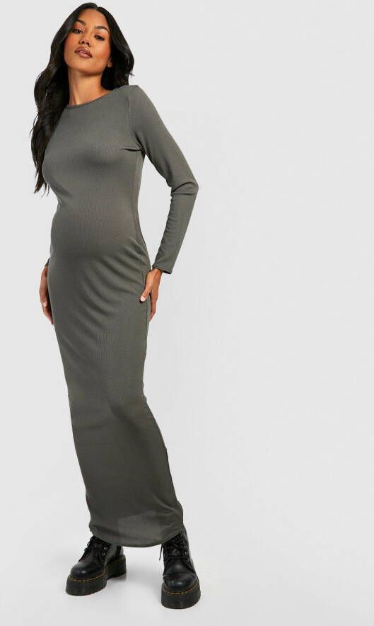 boohoo Zwangerschap Geribbelde Contour Maxi Jurk Met Lange Mouwen, Khaki
