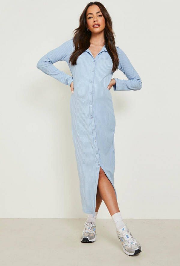 boohoo Zwangerschap Geribbelde Doorknoop Midaxi Jurk, Blue