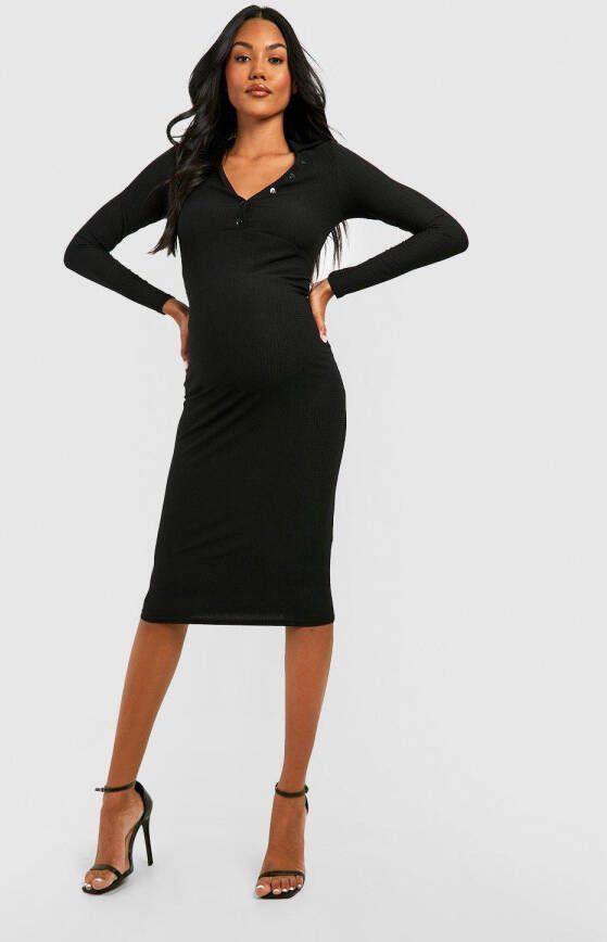 boohoo Zwangerschap Geribbelde Doorknoop Midi Jurk, Black