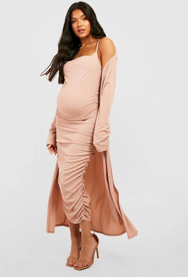 boohoo Zwangerschap Geribbelde Duster Jurk Met Bandjes En Waterval Hals, Sand