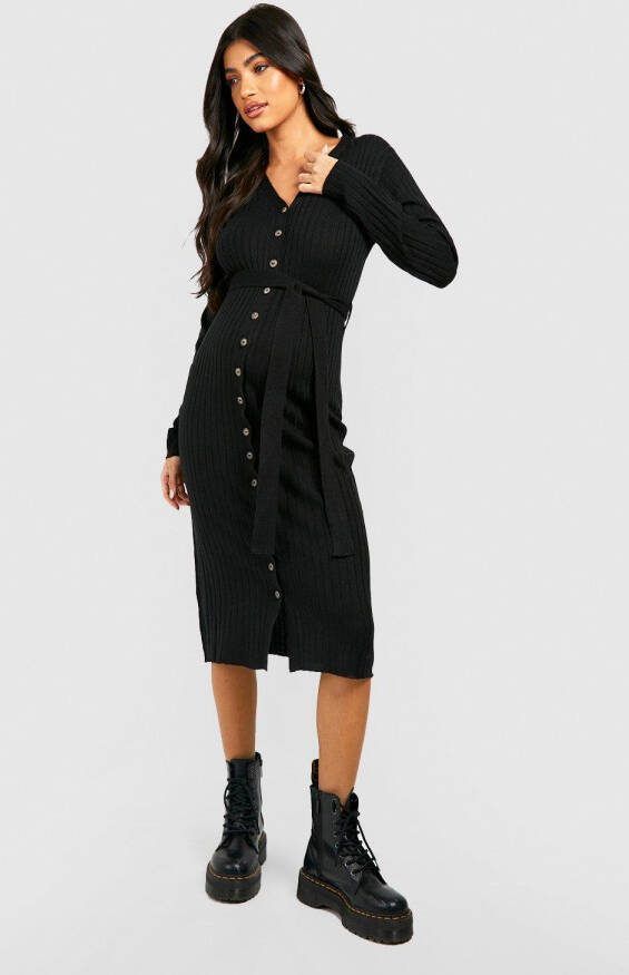 boohoo Zwangerschap Geribbelde Gebreide Doorknoop Midi Jurk, Black