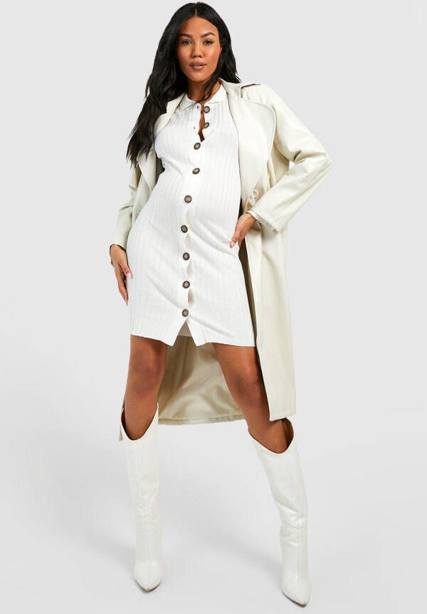 boohoo Zwangerschap Geribbelde Gebreide Doorknoop Mini Jurk, Ivory