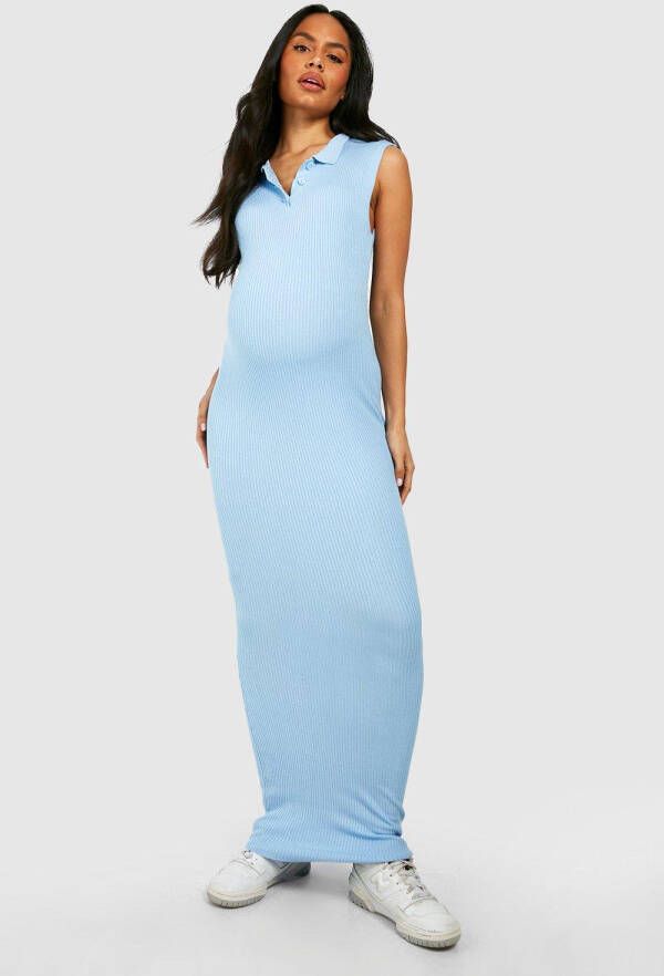boohoo Zwangerschap Geribbelde Gebreide Maxi Jurk Met Kraag En Mouw Knopen, Cornflower Blue
