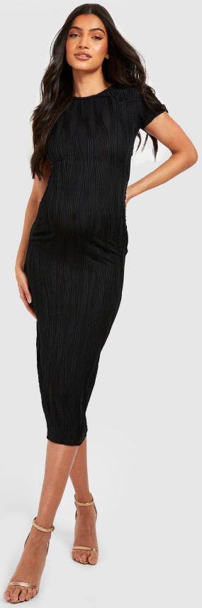 boohoo Zwangerschap Geribbelde Golvende Midaxi Jurk Met Open Rug, Black