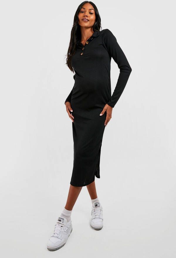boohoo Zwangerschap Geribbelde Midaxi Jurk Met Knopen En Split, Black