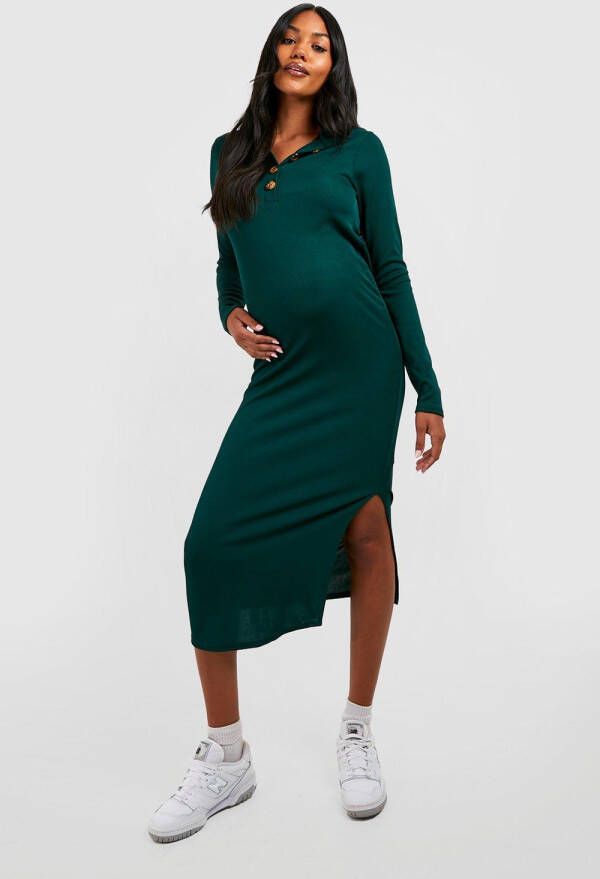 boohoo Zwangerschap Geribbelde Midaxi Jurk Met Knopen En Split, Bright Green