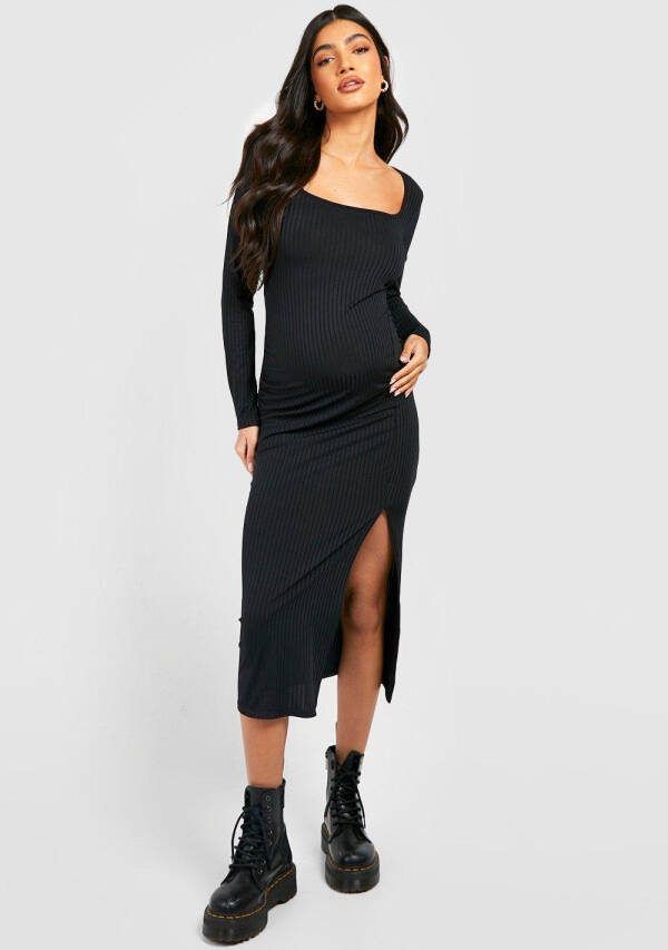 boohoo Zwangerschap Geribbelde Midaxi Jurk Met Vierkante Hals En Split, Black