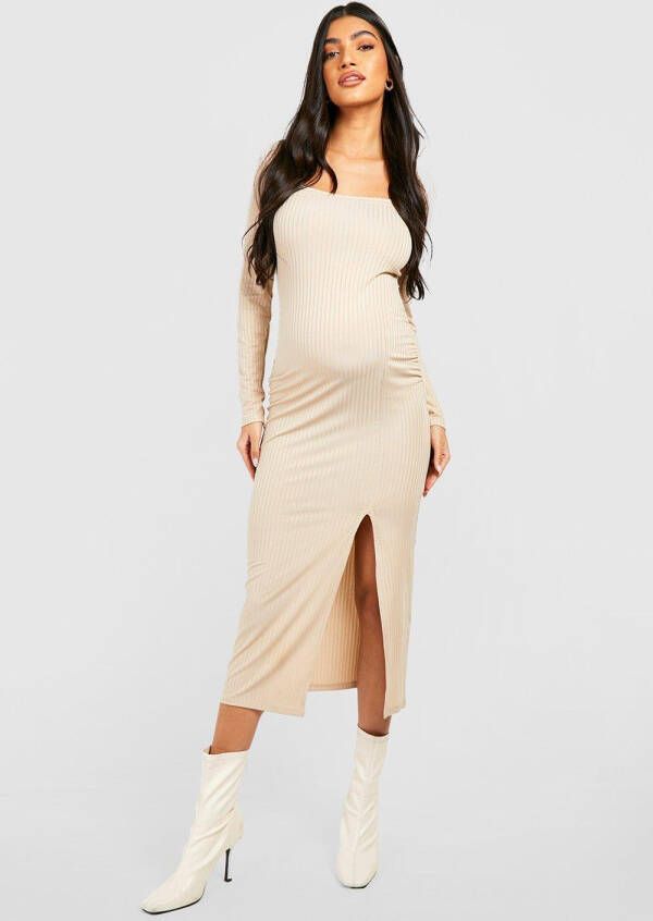 boohoo Zwangerschap Geribbelde Midaxi Jurk Met Vierkante Hals En Split, Stone
