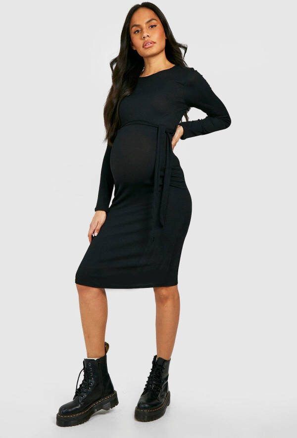 boohoo Zwangerschap Geribbelde Midi Jurk Met Ceintuur, Black