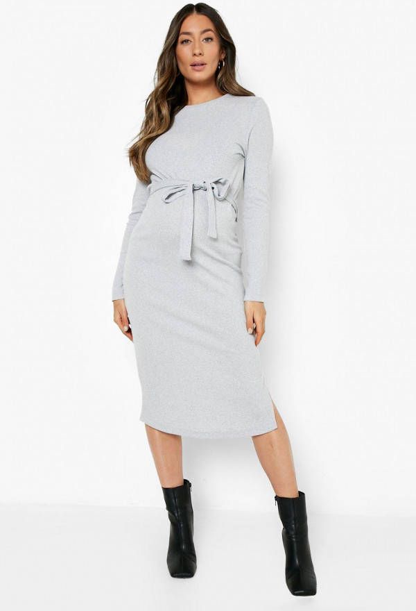boohoo Zwangerschap Geribbelde Midi Jurk Met Ceintuur, Grey Marl