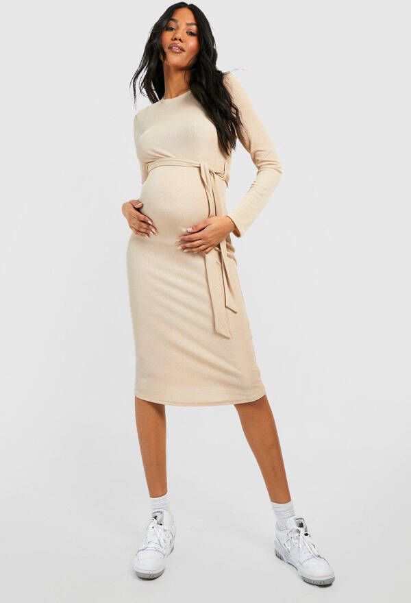 boohoo Zwangerschap Geribbelde Midi Jurk Met Ceintuur, Stone