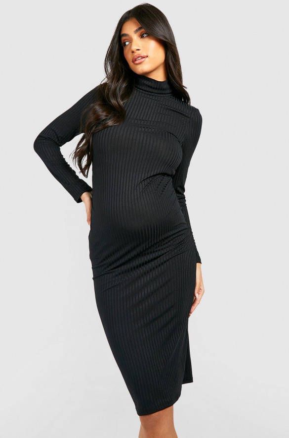 boohoo Zwangerschap Geribbelde Midi Jurk Met Col, Black