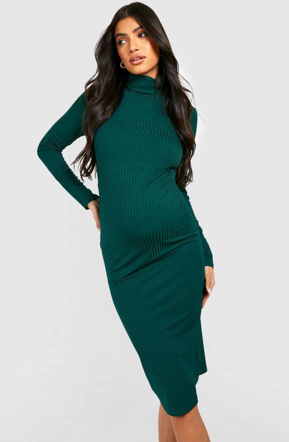 boohoo Zwangerschap Geribbelde Midi Jurk Met Col, Dark Green