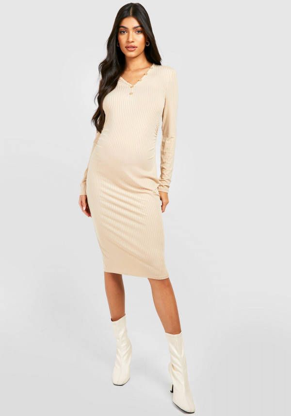 boohoo Zwangerschap Geribbelde Midi Jurk Met Hals Knopen, Stone
