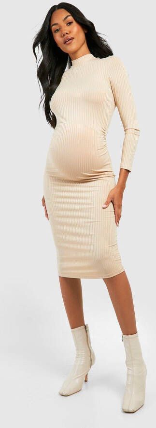 boohoo Zwangerschap Geribbelde Midi Jurk Met Hoge Kraag, Stone