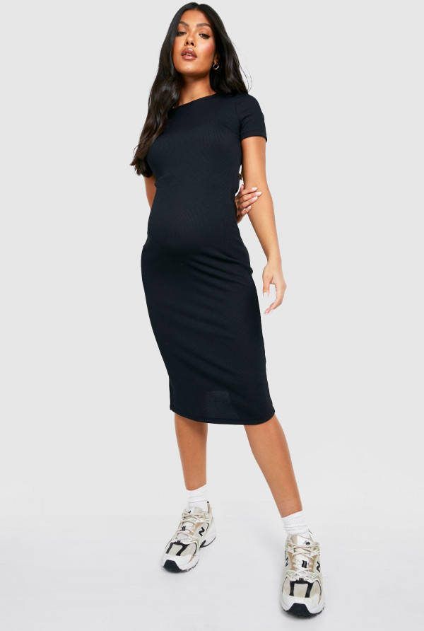 boohoo Zwangerschap Geribbelde Midi Jurk Met Korte Mouwen, Black