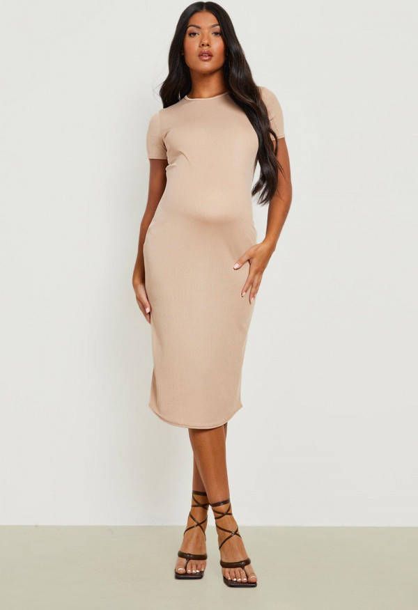 boohoo Zwangerschap Geribbelde Midi Jurk Met Korte Mouwen, Stone