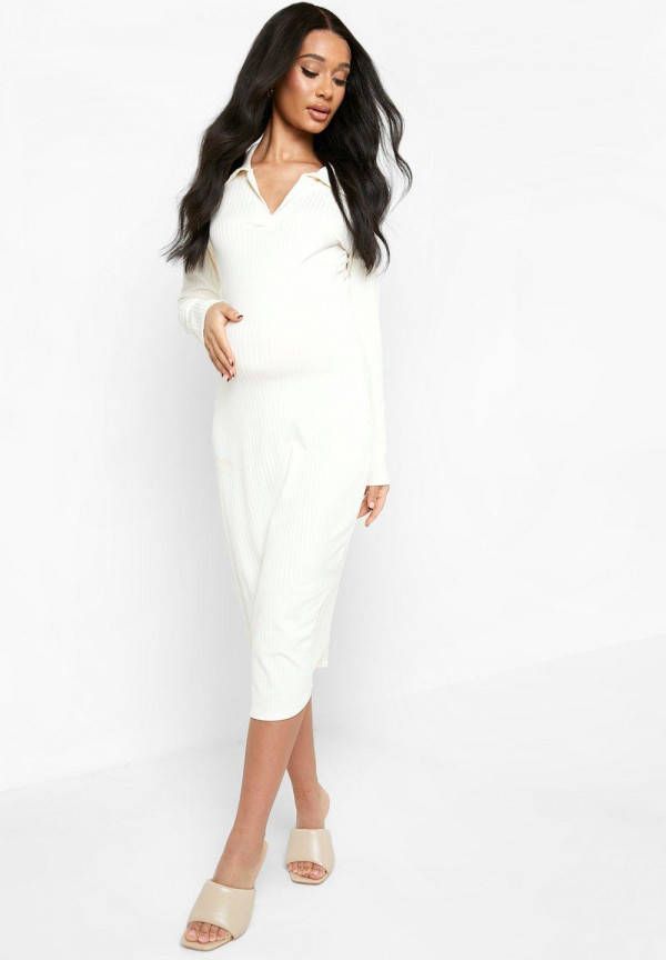 boohoo Zwangerschap Geribbelde Midi Jurk Met Kraag, Ecru
