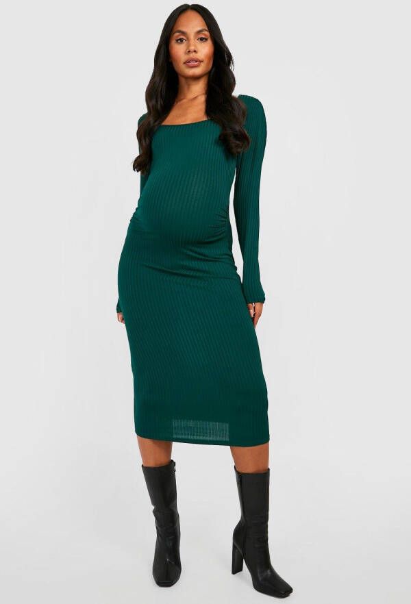 boohoo Zwangerschap Geribbelde Midi Jurk Met Pofmouwen, Dark Green