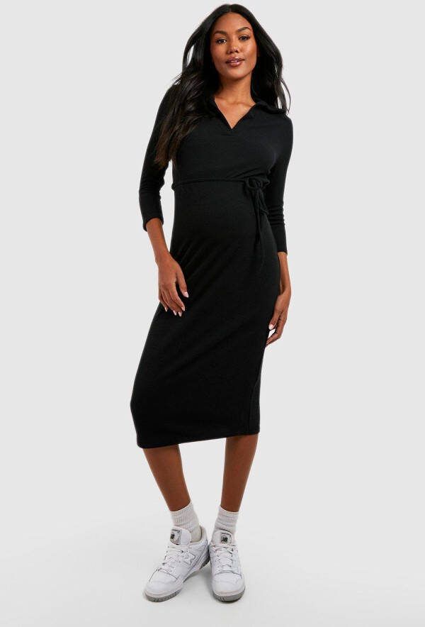 boohoo Zwangerschap Geribbelde Midi Jurk Met Polo Kraag, Black