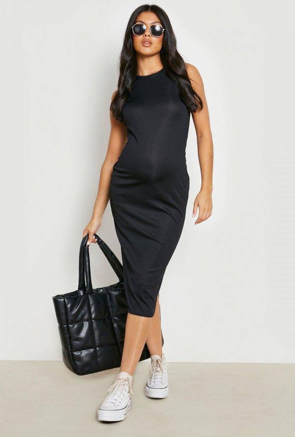 boohoo Zwangerschap Geribbelde Midi Jurk Met Racer Hals, Black