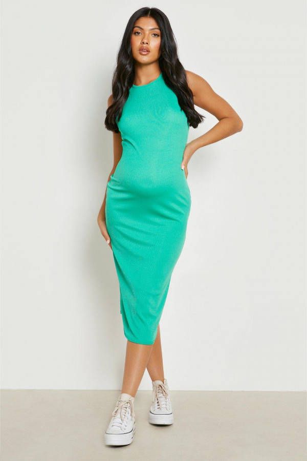 boohoo Zwangerschap Geribbelde Midi Jurk Met Racer Hals, Green