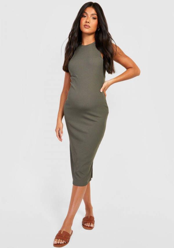 boohoo Zwangerschap Geribbelde Midi Jurk Met Racer Hals, Khaki