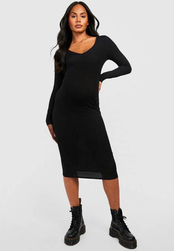 boohoo Zwangerschap Geribbelde Midi Jurk Met V Hals, Black