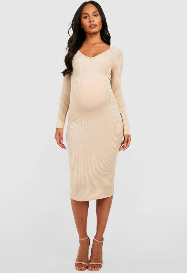 boohoo Zwangerschap Geribbelde Midi Jurk Met V Hals, Stone
