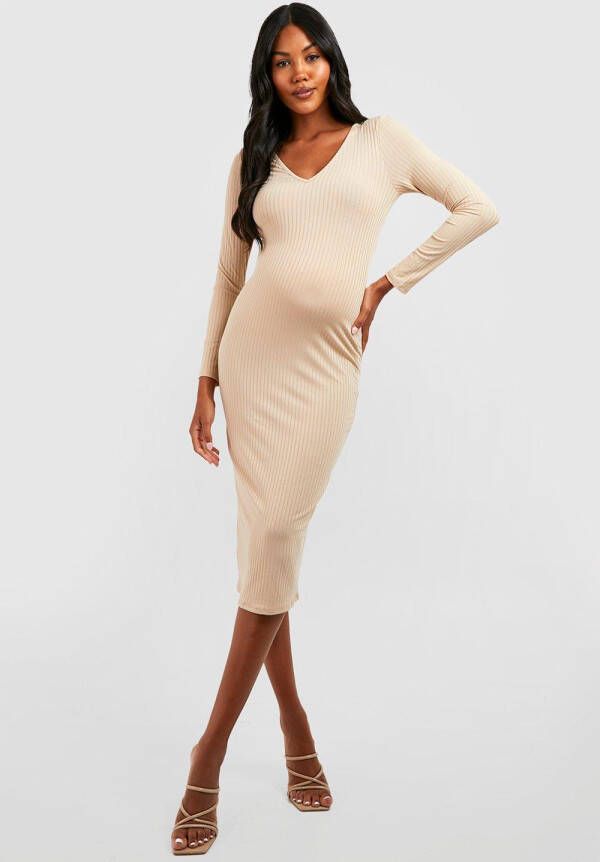 boohoo Zwangerschap Geribbelde Midi Jurk Met V Hals, Stone