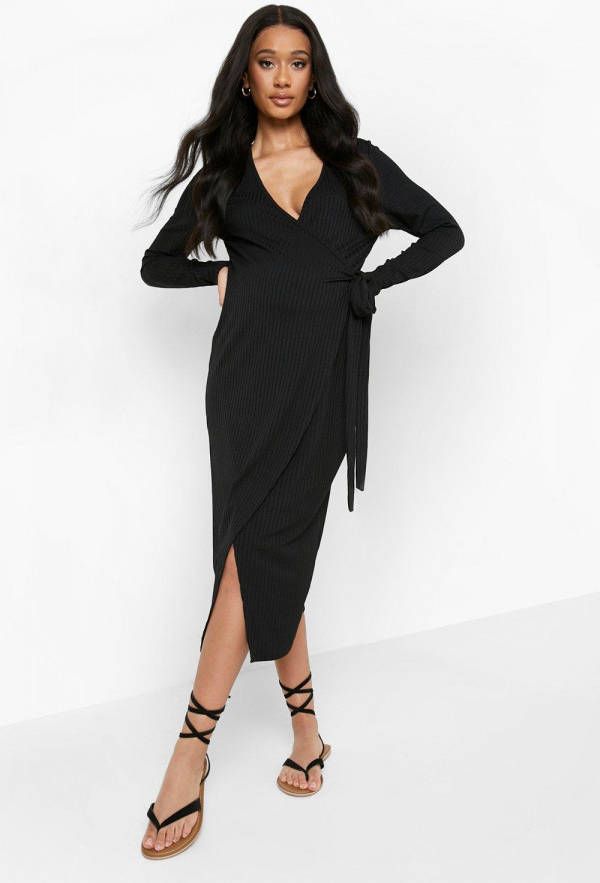 boohoo Zwangerschap Geribbelde Midi Wikkel Jurk, Black