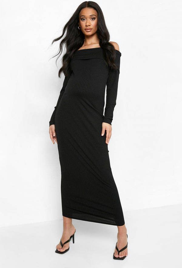 boohoo Zwangerschap Geribbelde Overlay Midaxi Jurk Met Uitgesneden Hals, Black