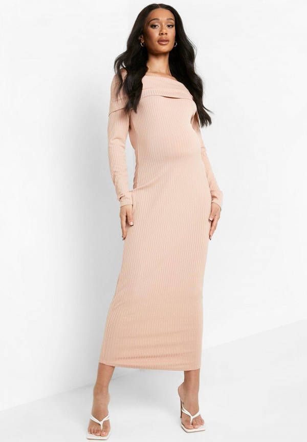 boohoo Zwangerschap Geribbelde Overlay Midaxi Jurk Met Uitgesneden Hals, Mocha