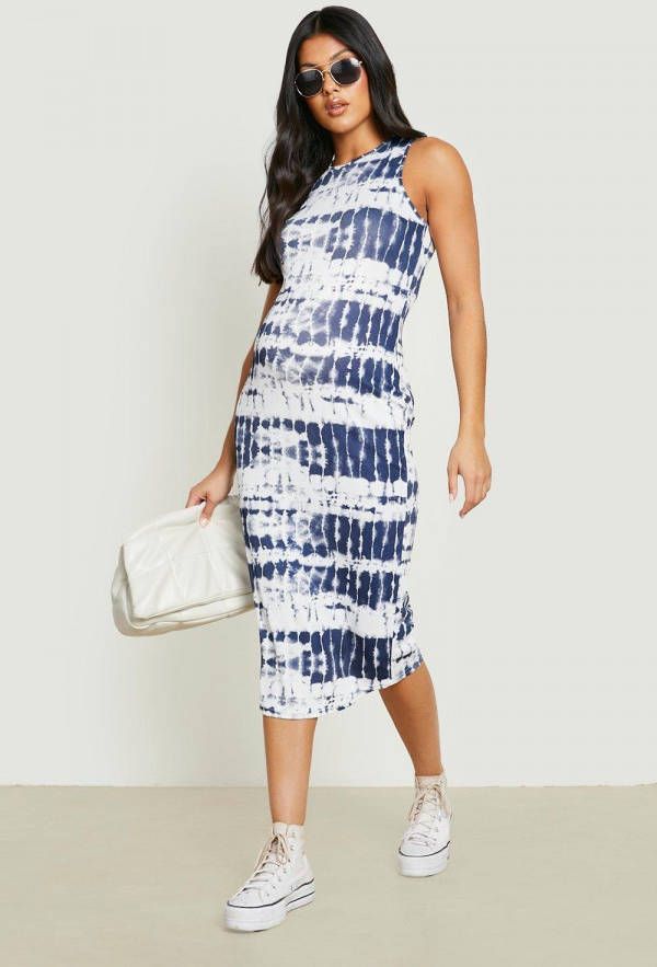 boohoo Zwangerschap Geribbelde Tie Dye Midi Jurk Met Racer Hals, Black