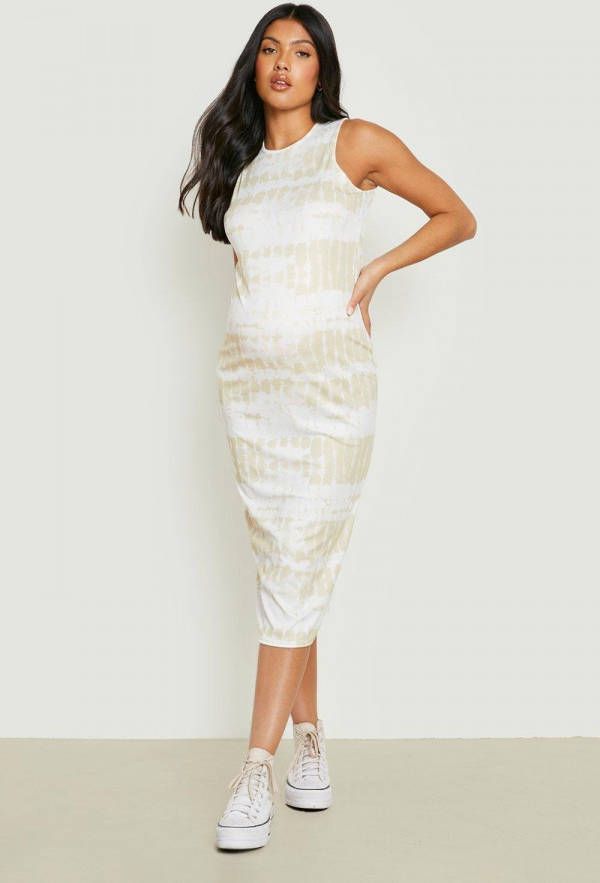 boohoo Zwangerschap Geribbelde Tie Dye Midi Jurk Met Racer Hals, Green
