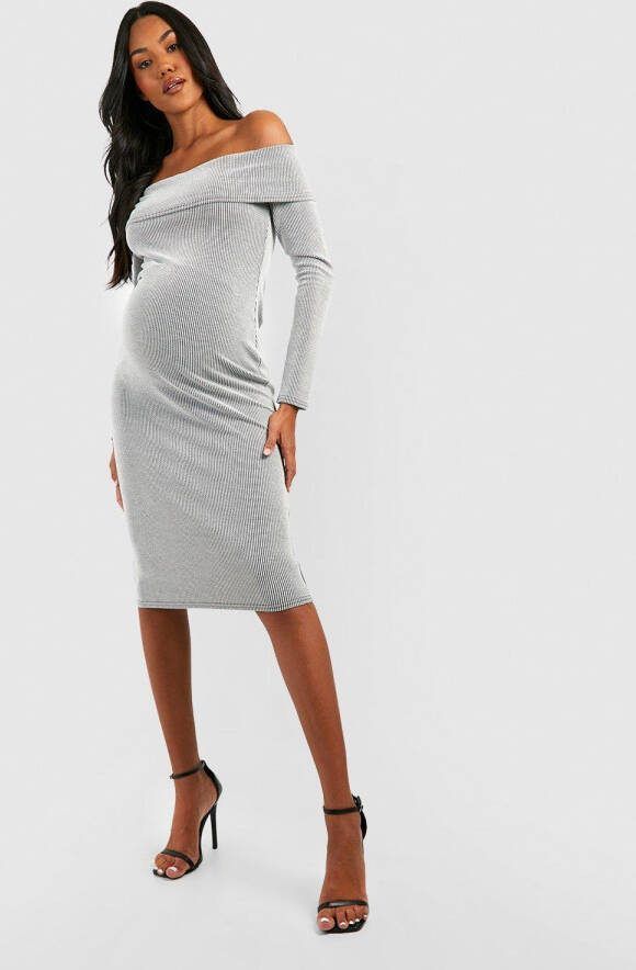 boohoo Zwangerschap Geribbelde Two Tone Off Shoulder Midi Jurk, Black