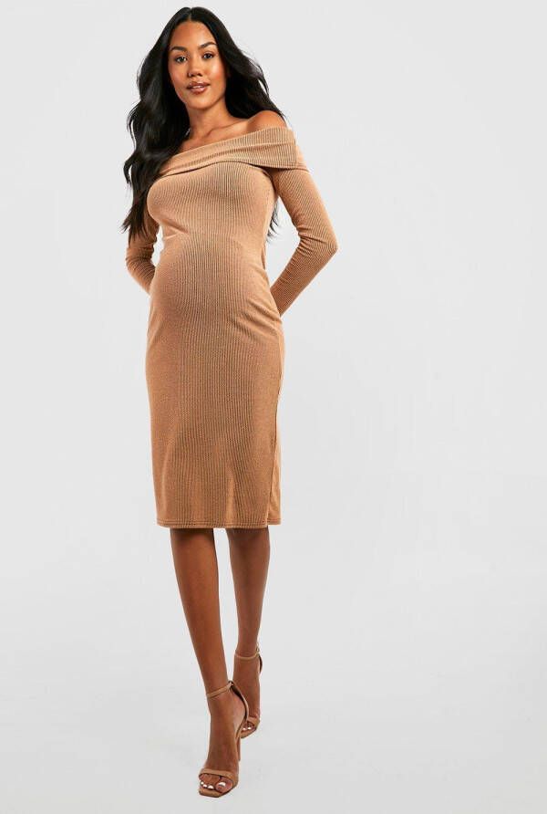 boohoo Zwangerschap Geribbelde Two Tone Off Shoulder Midi Jurk, Camel