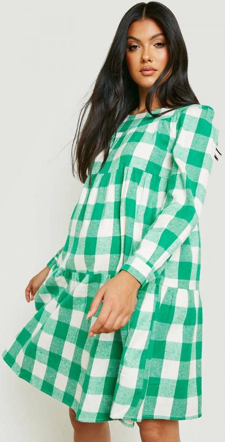 boohoo Zwangerschap Geruite Gesmokte Jurk, Green
