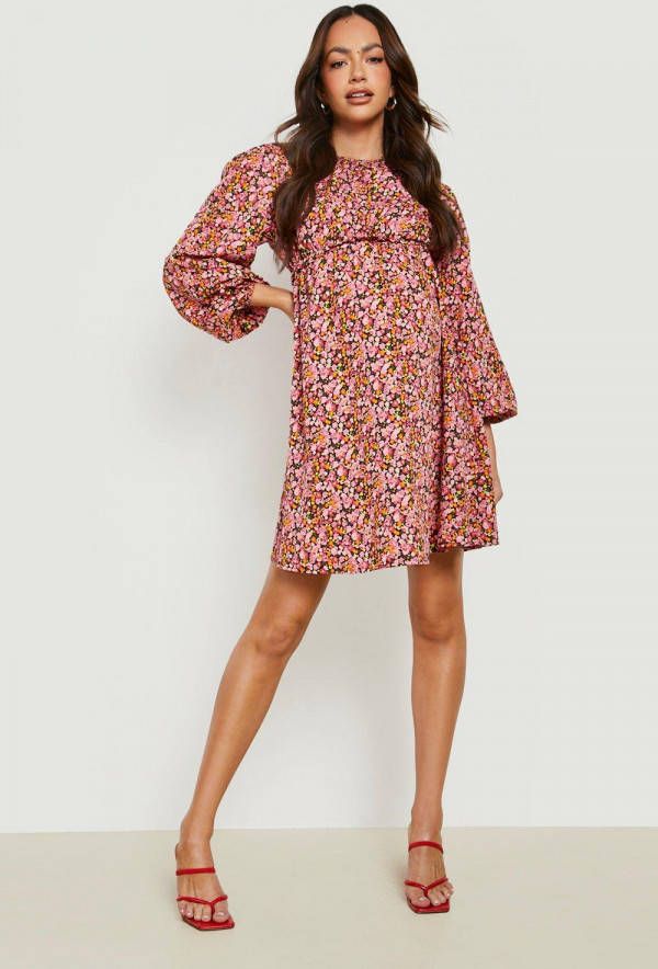 boohoo Zwangerschap Gesmokte Bloemen Jurk Met Franjes, Pink