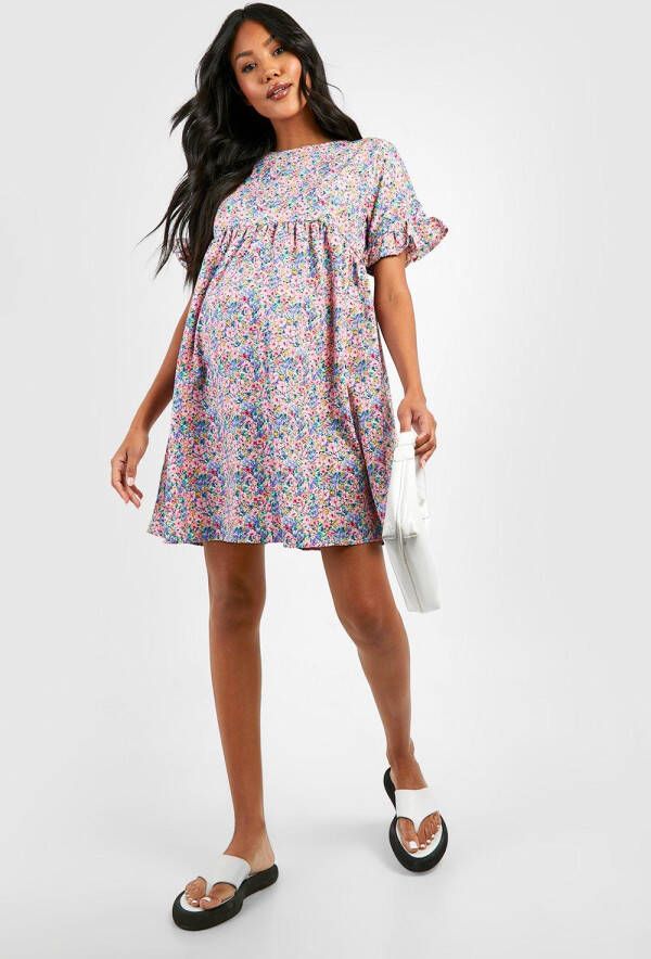 boohoo Zwangerschap Gesmokte Bloemen Jurk Met Geplooide Mouwen En Gekruiste Rug, Multi