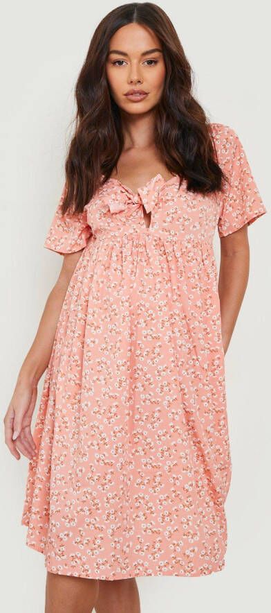 boohoo Zwangerschap Gesmokte Bloemen Jurk Met Strik, Pink