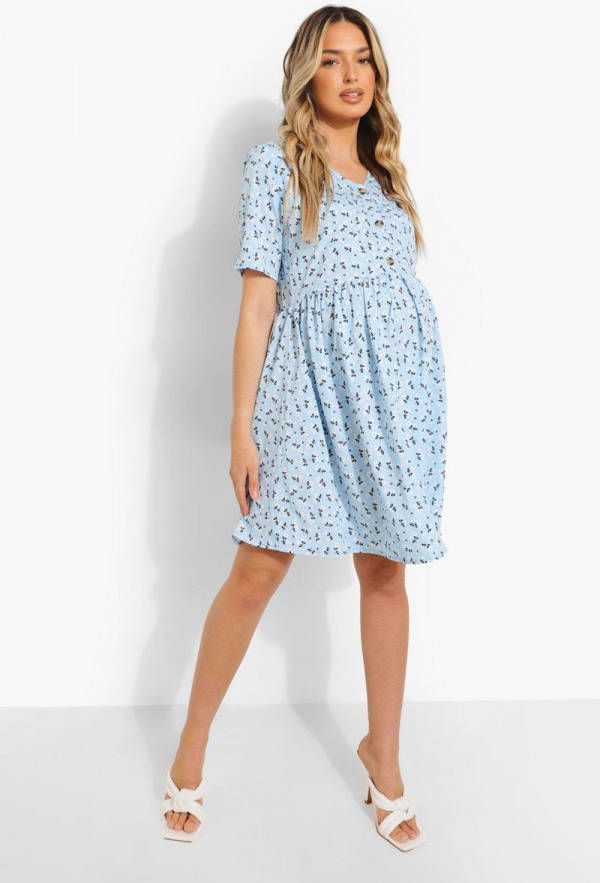 boohoo Zwangerschap Gesmokte Bloemenprint Jurk Met Knopen, Blue