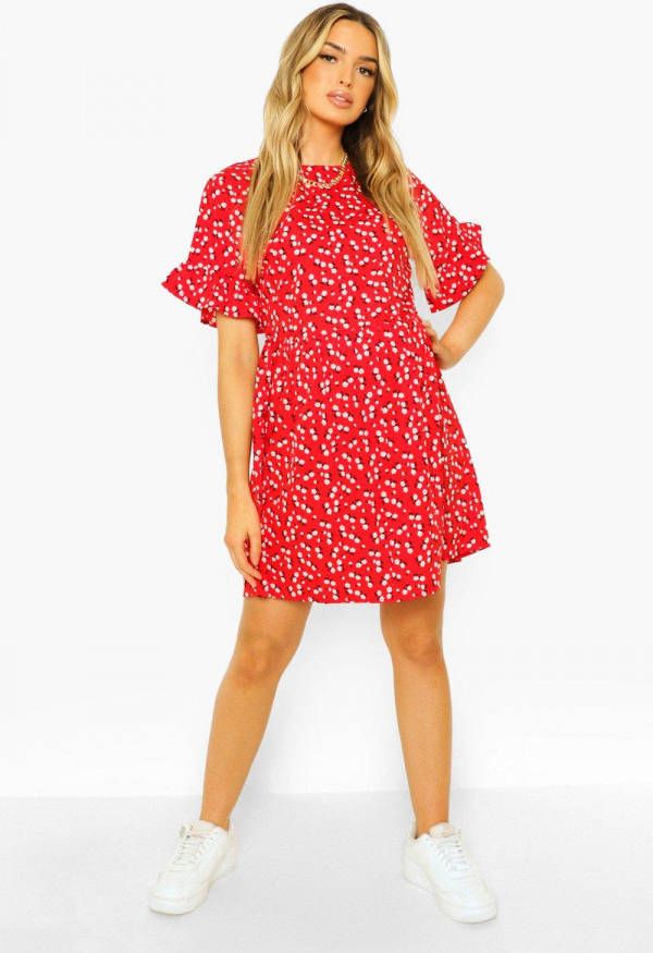 boohoo Zwangerschap Gesmokte Bloemenprint Jurk Met Mouw Franjes, Red